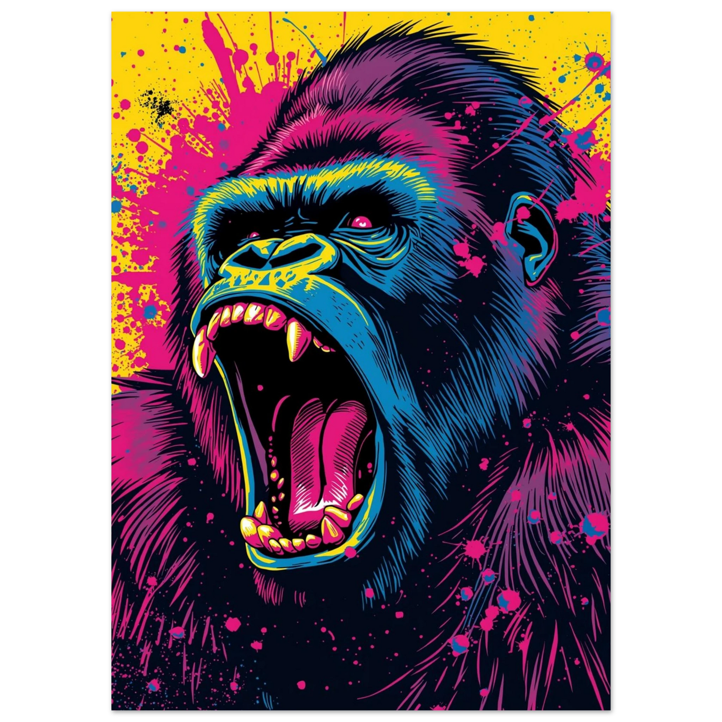 Popart gorilla i profil med vidöppen mun, tänder synliga och neonfärger blå, rosa och gul – Tecknad poster