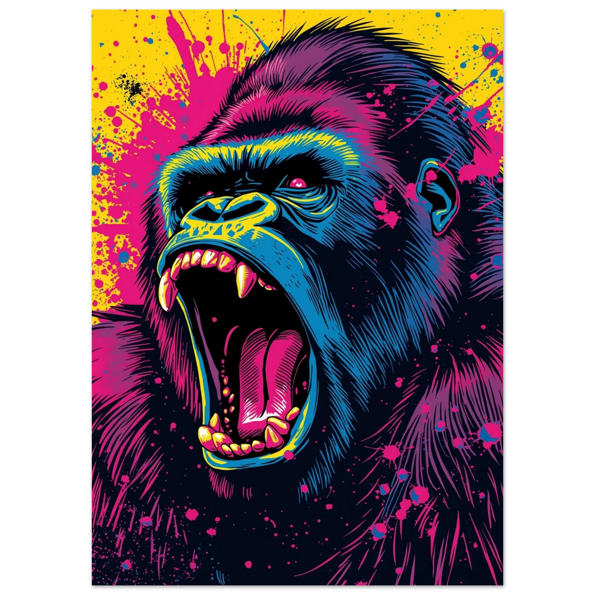 Popart gorilla i profil med vidöppen mun, tänder synliga och neonfärger blå, rosa och gul – Tecknad poster