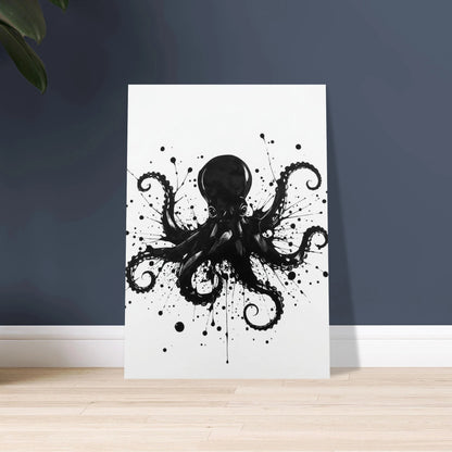 Bläckfisk i svart bläck, dynamisk, konstnärlig, mystisk, modern design.