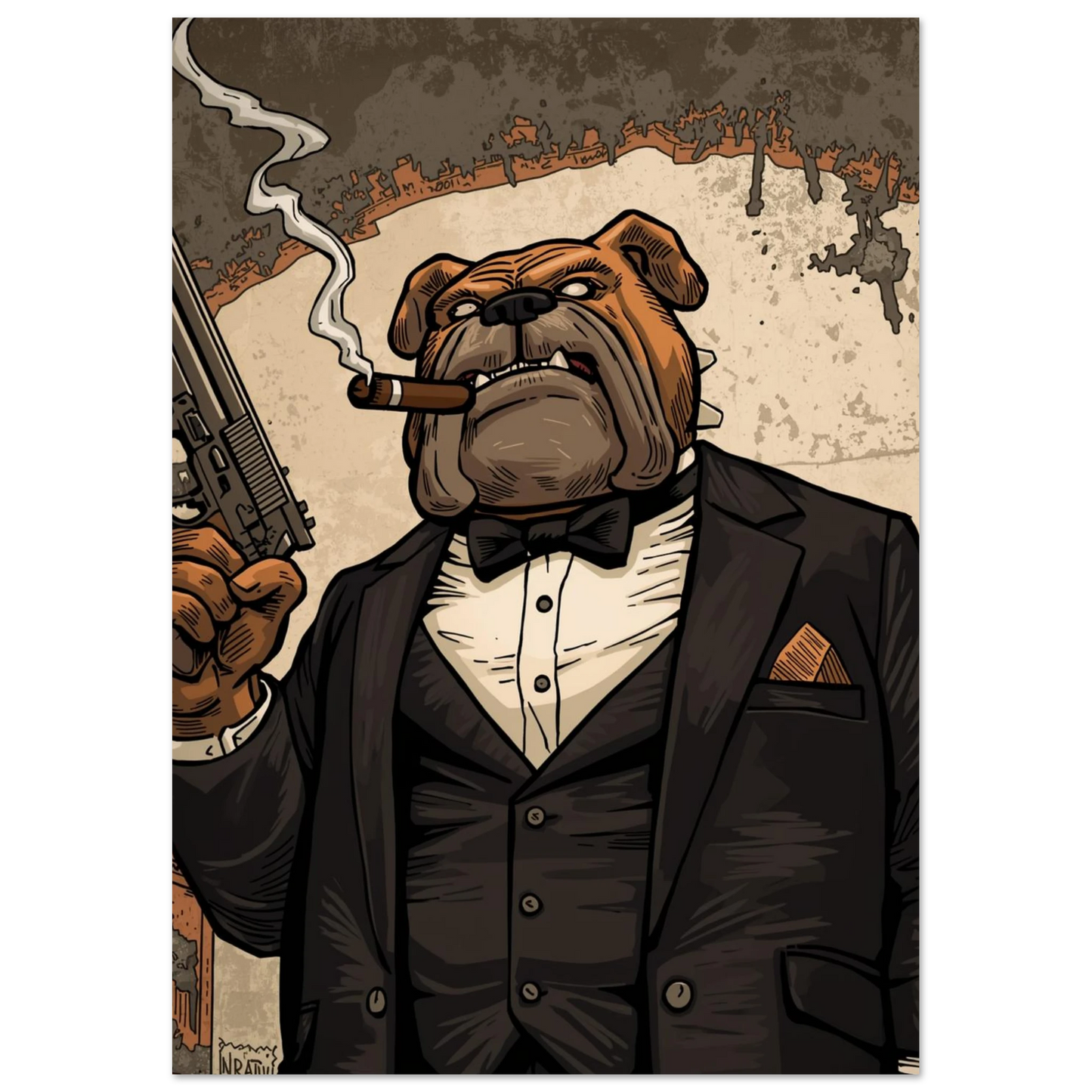 Illustration av en bulldoggsgangster i chokladbrun smoking och fluga – väggkonst