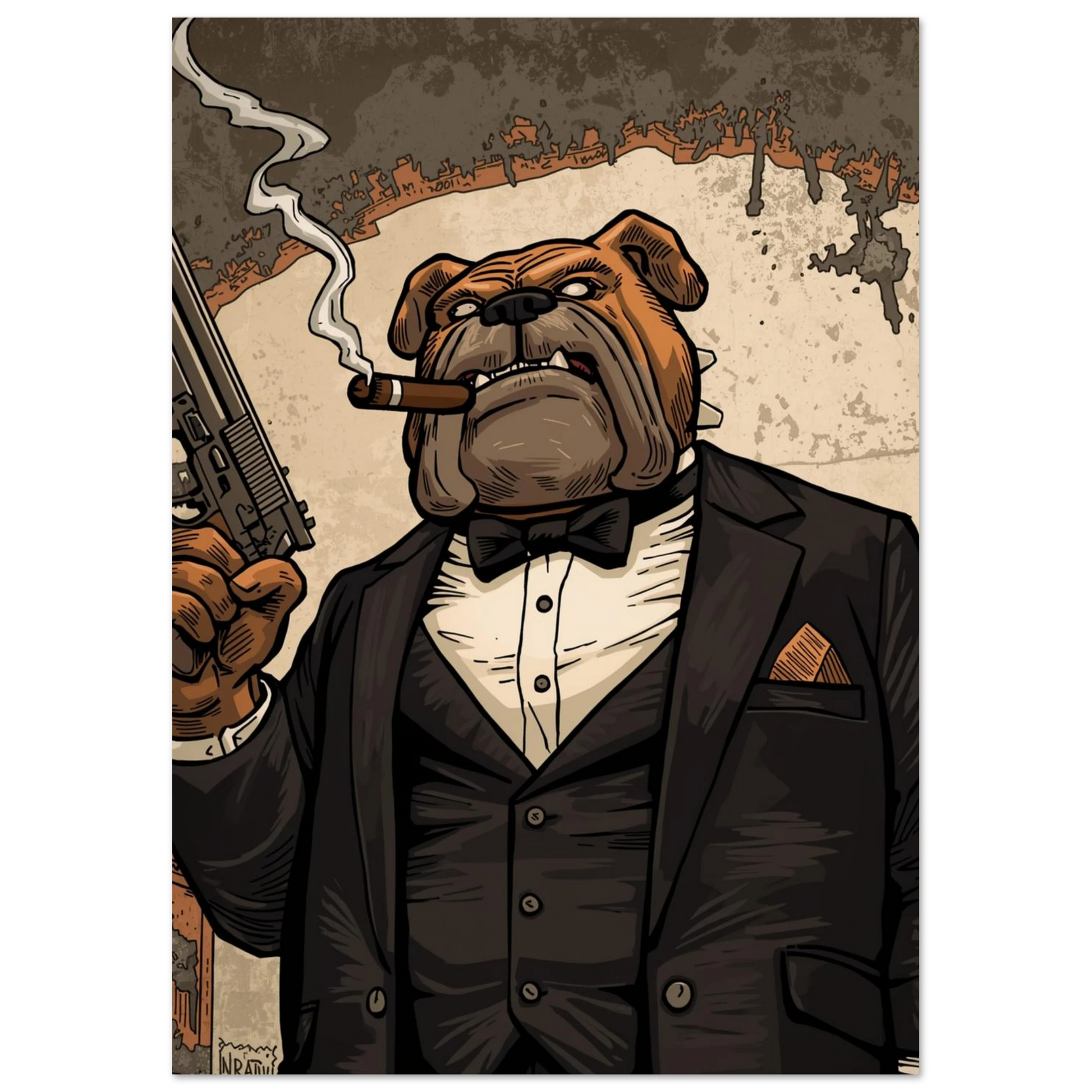 Illustration av en bulldoggsgangster i chokladbrun smoking och fluga – väggkonst