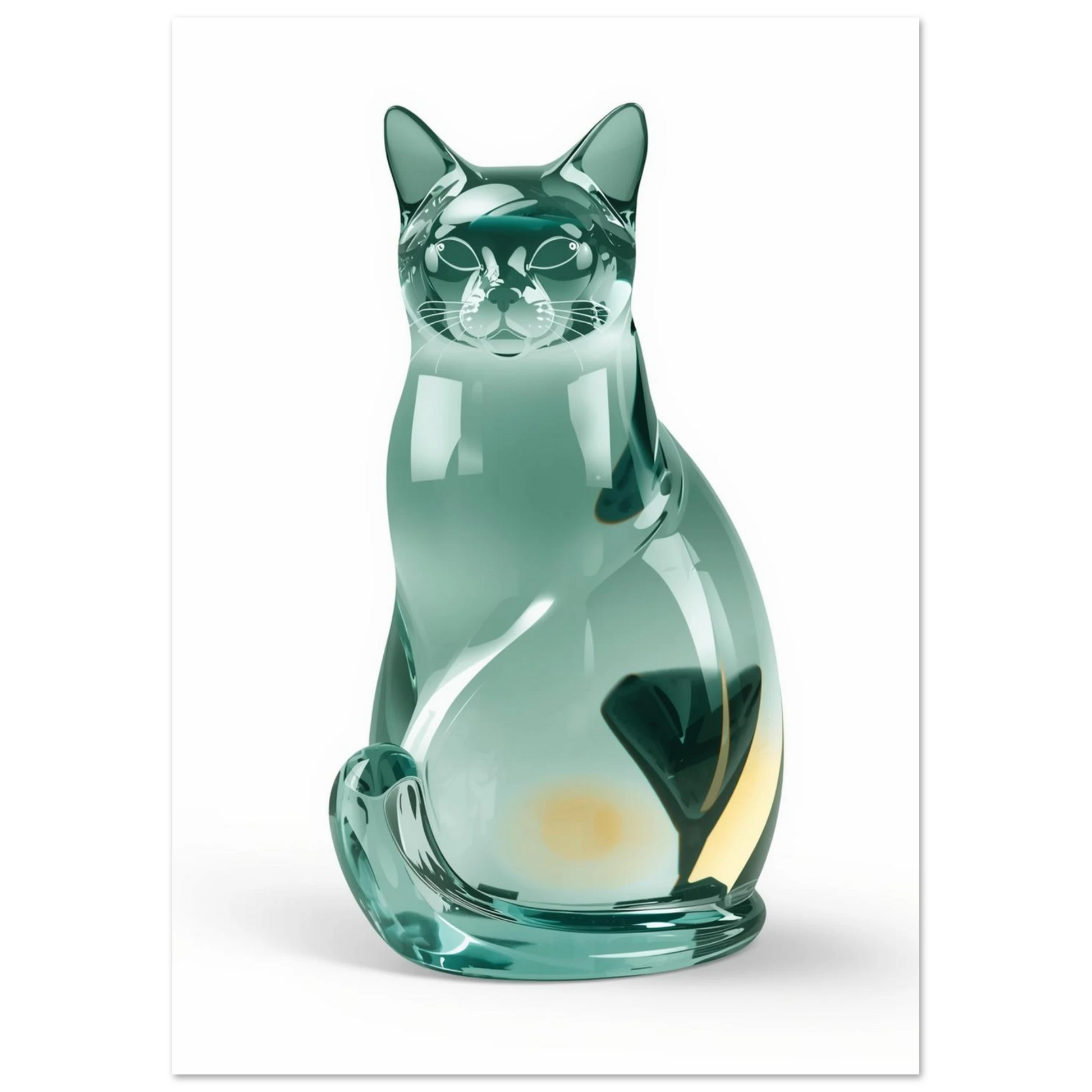 Minimalistisk djurposter föreställande en skulptural katt i transparent smaragdgrönt glas