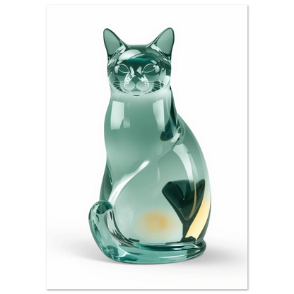 Minimalistisk djurposter föreställande en skulptural katt i transparent smaragdgrönt glas