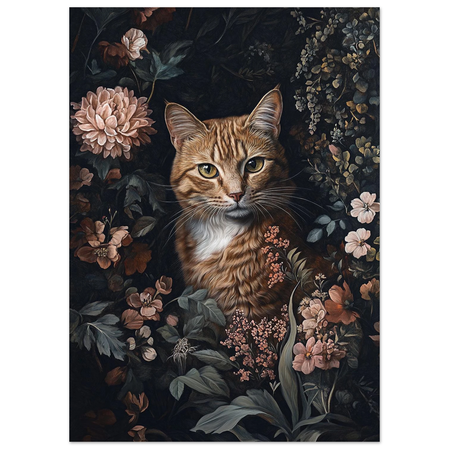 Närbild på rödtabby katt i en frodig blomsterträdgård, vintage stil