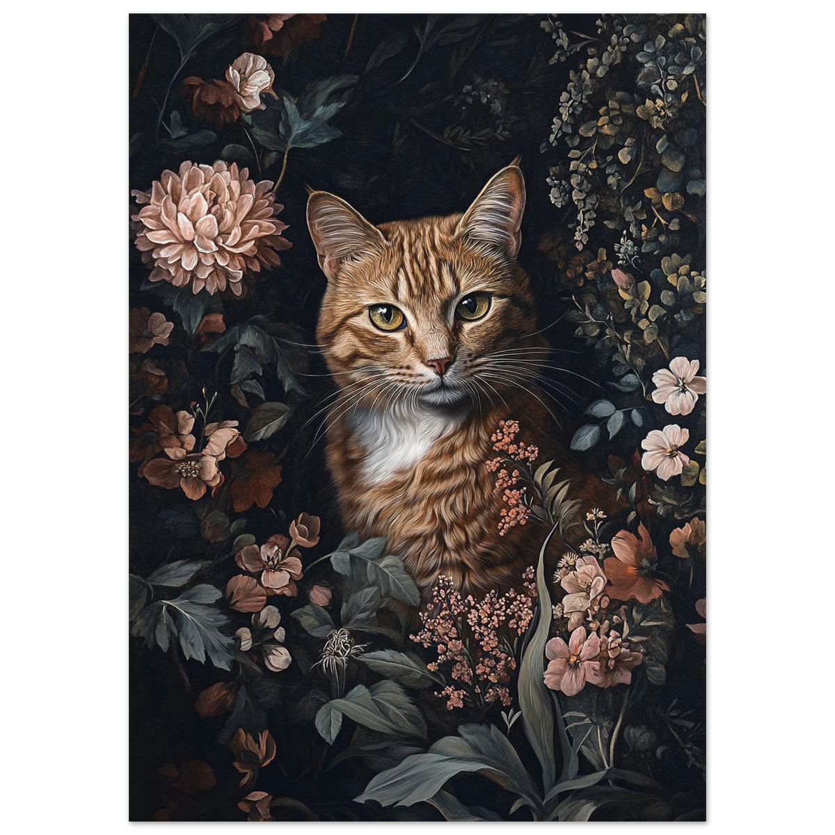 Närbild på rödtabby katt i en frodig blomsterträdgård, vintage stil