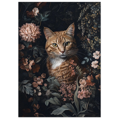 Närbild på rödtabby katt i en frodig blomsterträdgård, vintage stil