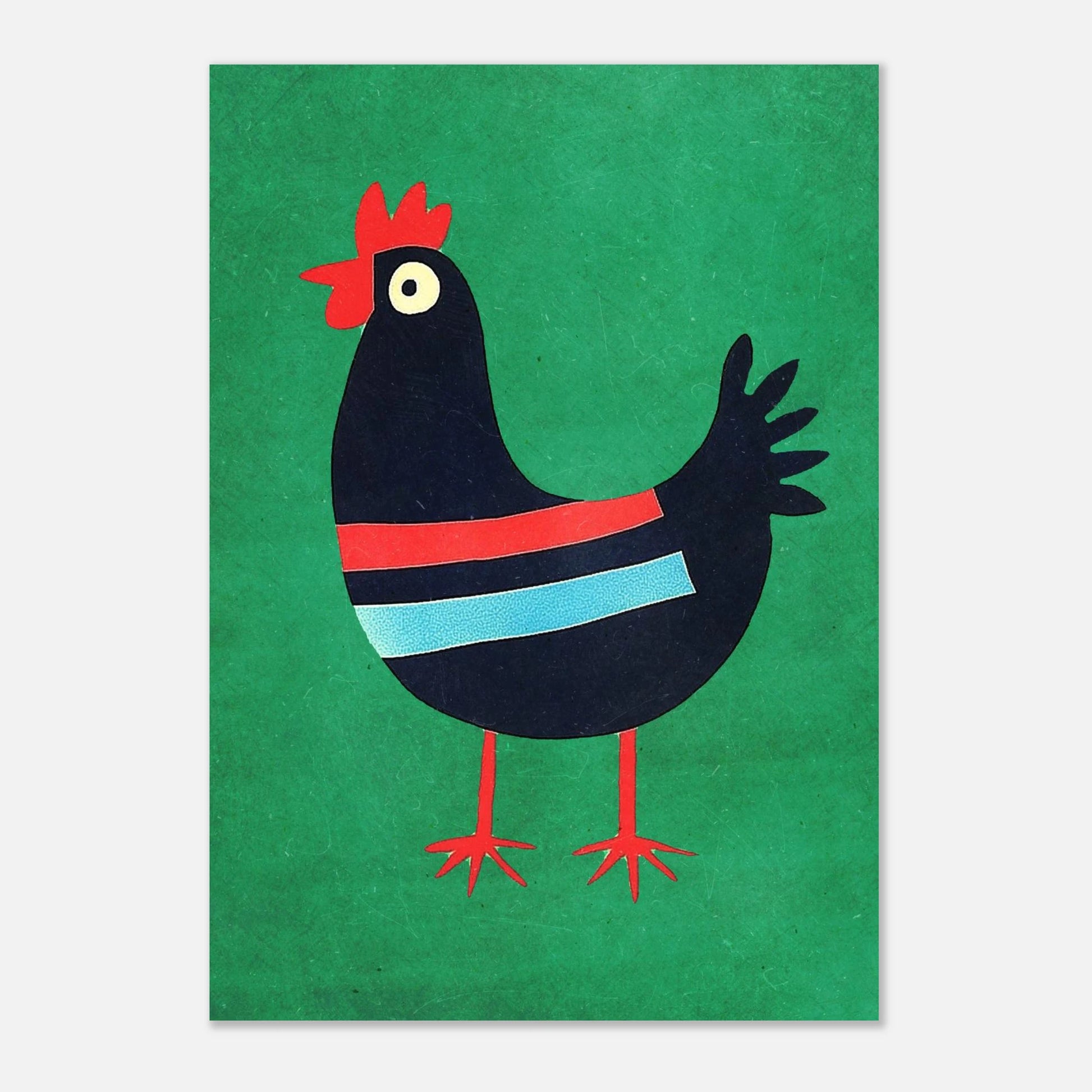 Färgglad illustration av en tupp, lekfull väggkonst för hemmet