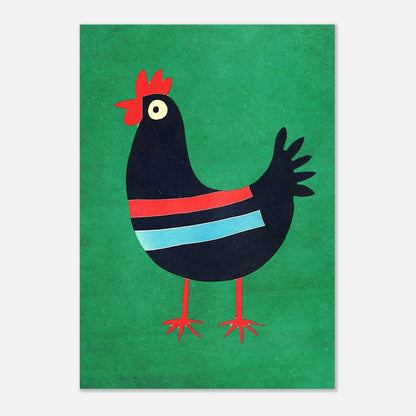 Färgglad illustration av en tupp, lekfull väggkonst för hemmet