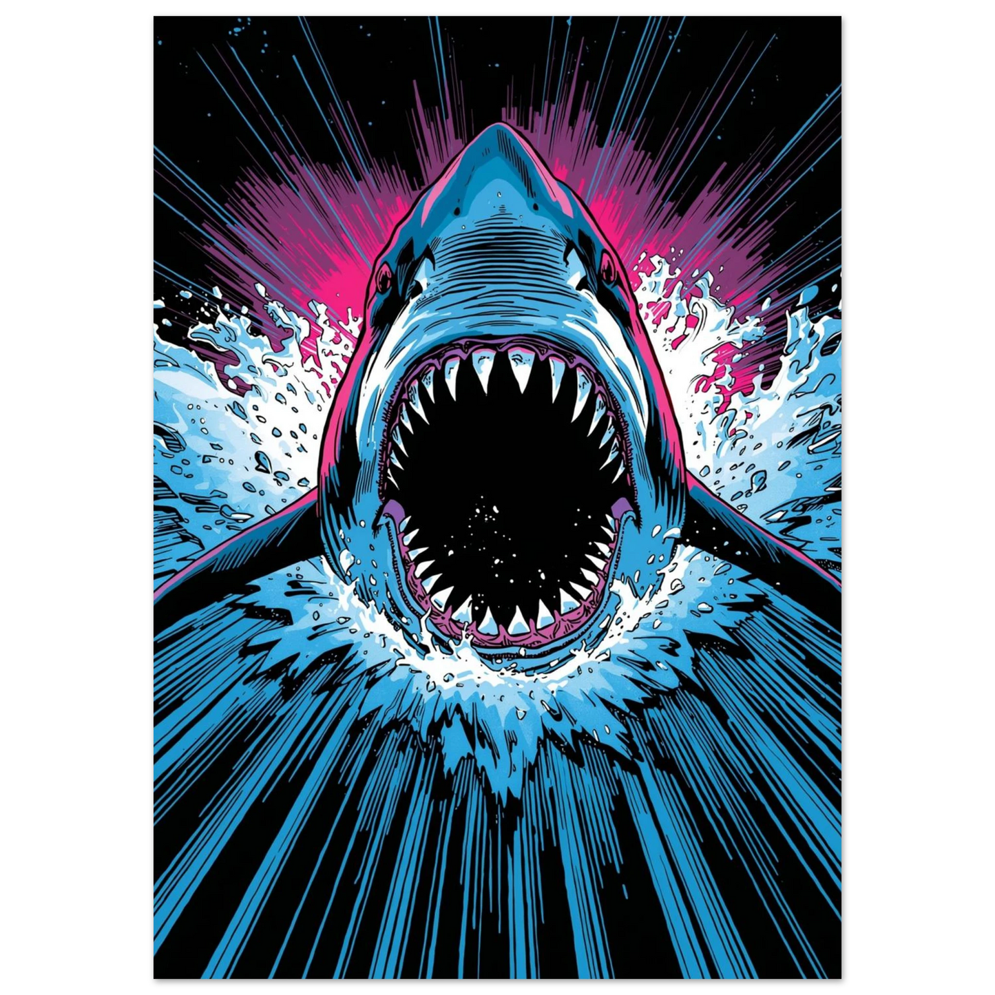 Närbild på gapande haj med vassa tänder i grafisk illustration