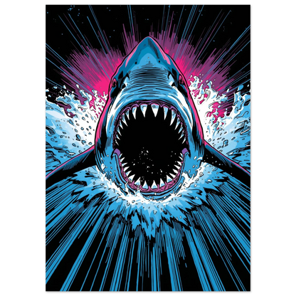 Närbild på gapande haj med vassa tänder i grafisk illustration