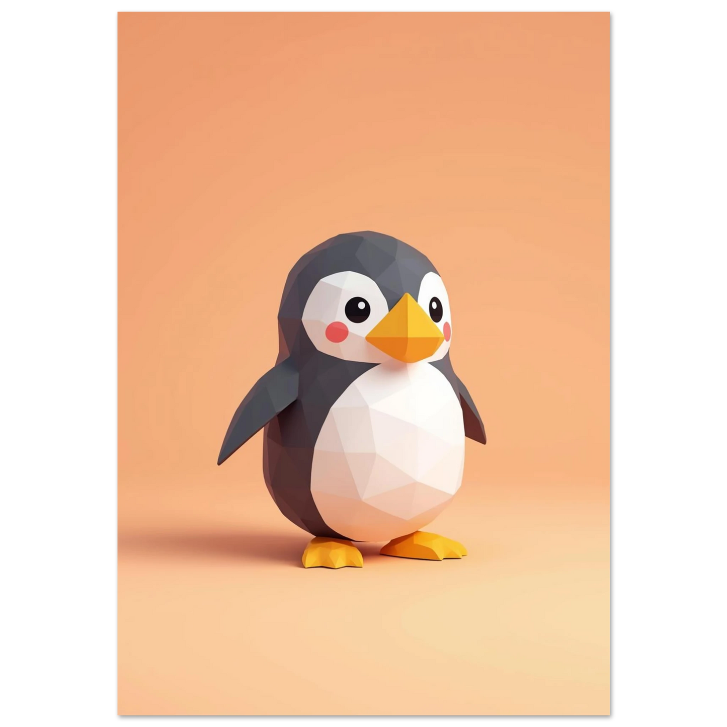Söt pingvin i geometrisk low-poly stil på mjukt orange bakgrund