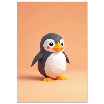 Söt pingvin i geometrisk low-poly stil på mjukt orange bakgrund