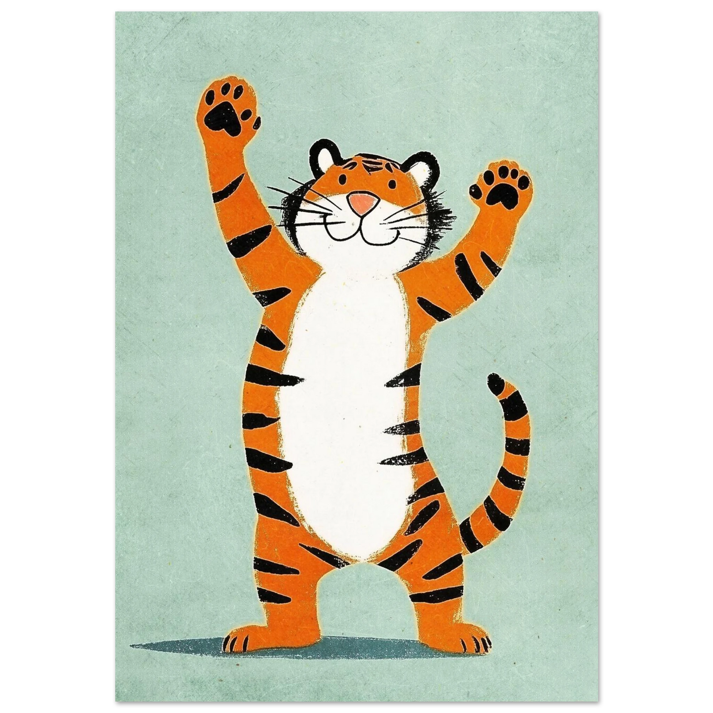Glad orange tiger som sträcker upp tassarna, retro illustration på turkos bakgrund