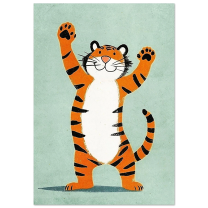 Glad orange tiger som sträcker upp tassarna, retro illustration på turkos bakgrund