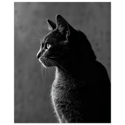 Katt i svartvitt med skuggor som framhäver pälsens struktur och elegans – Fotorealistisk poster