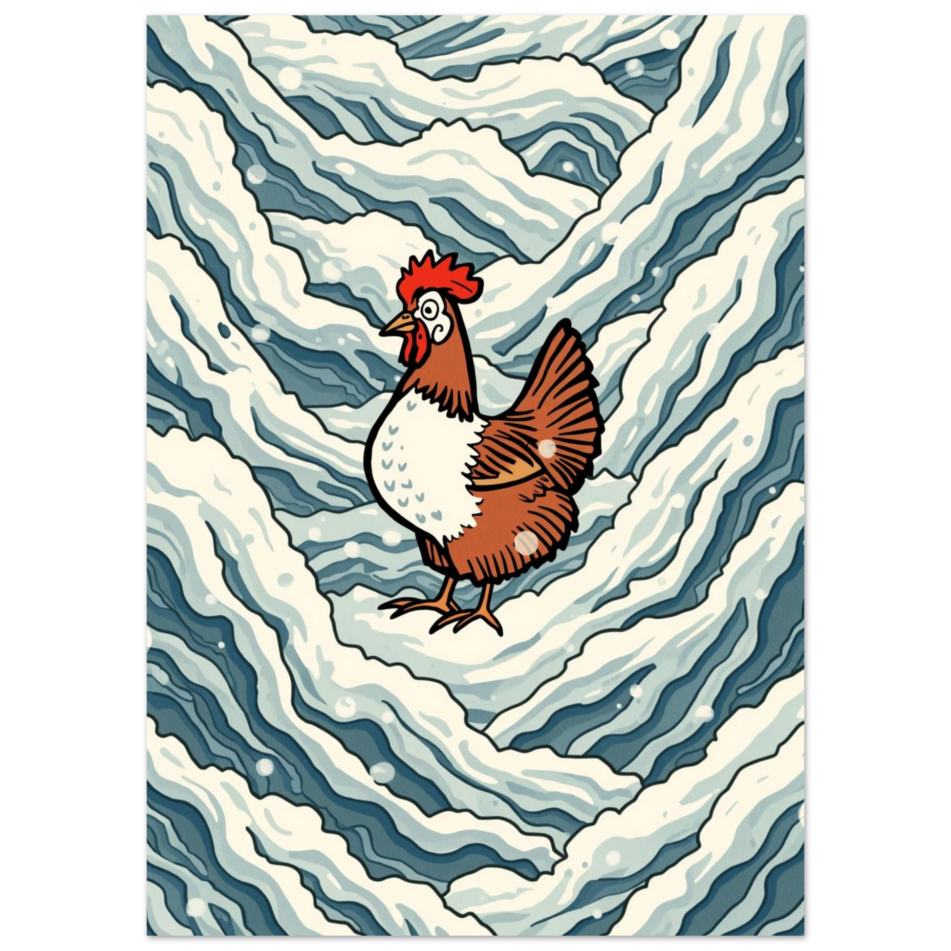 Stiliserad illustration av en höna i snöstorm – konstnärligt djurmotiv