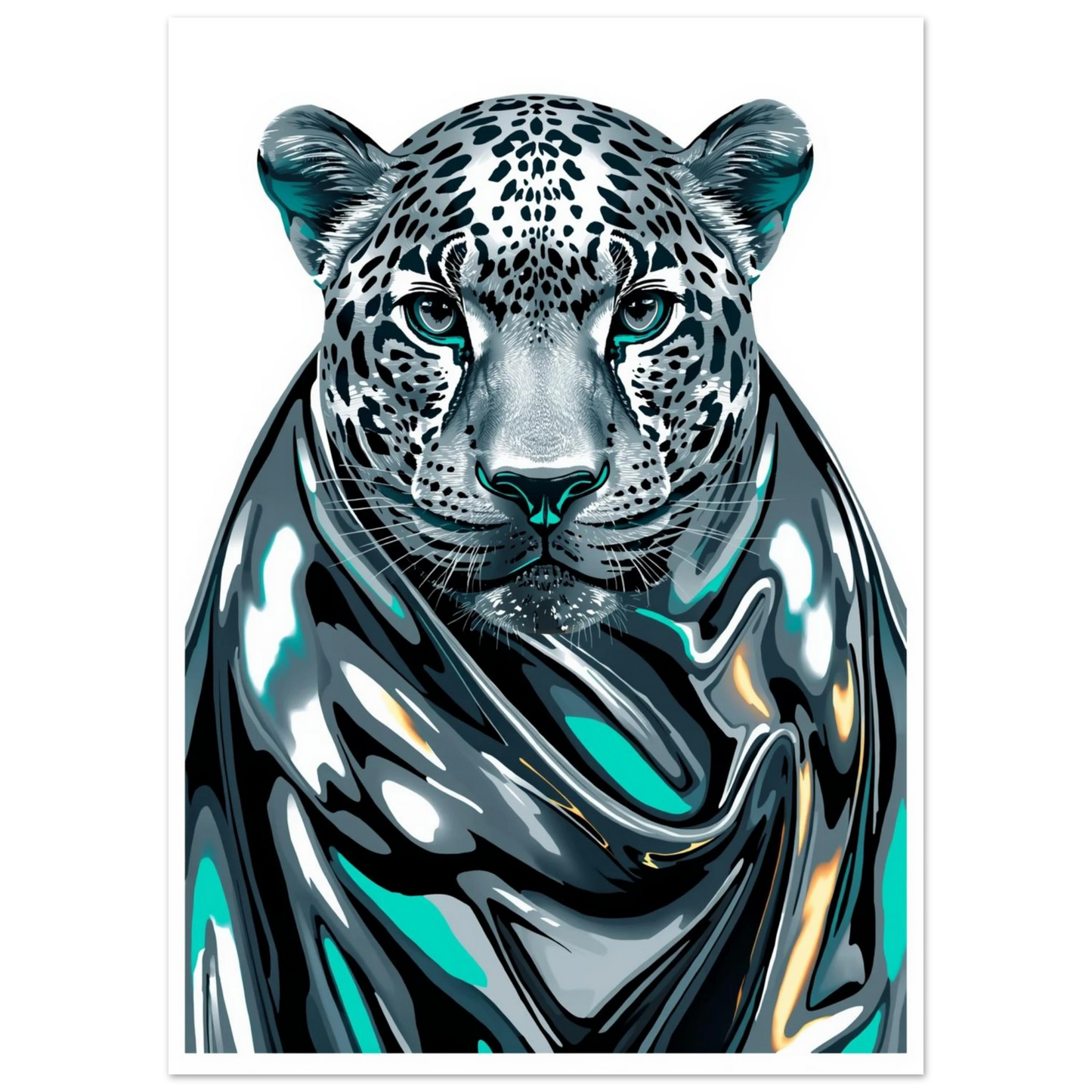 Närbild på metallisk leopardposter med silvriga reflektioner och svart bakgrund