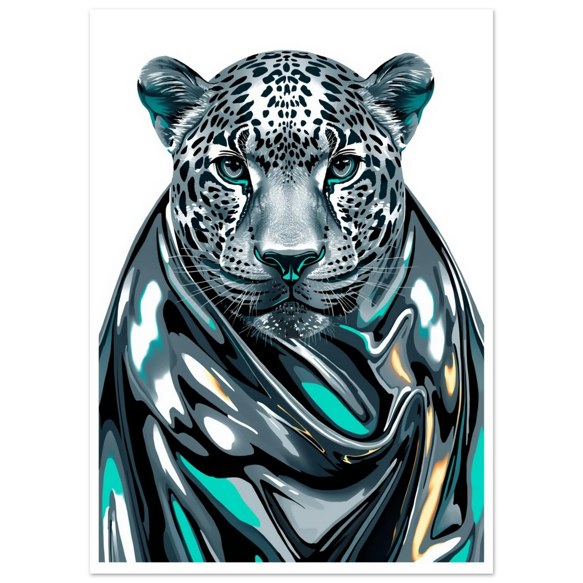 Närbild på metallisk leopardposter med silvriga reflektioner och svart bakgrund