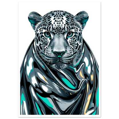 Närbild på metallisk leopardposter med silvriga reflektioner och svart bakgrund