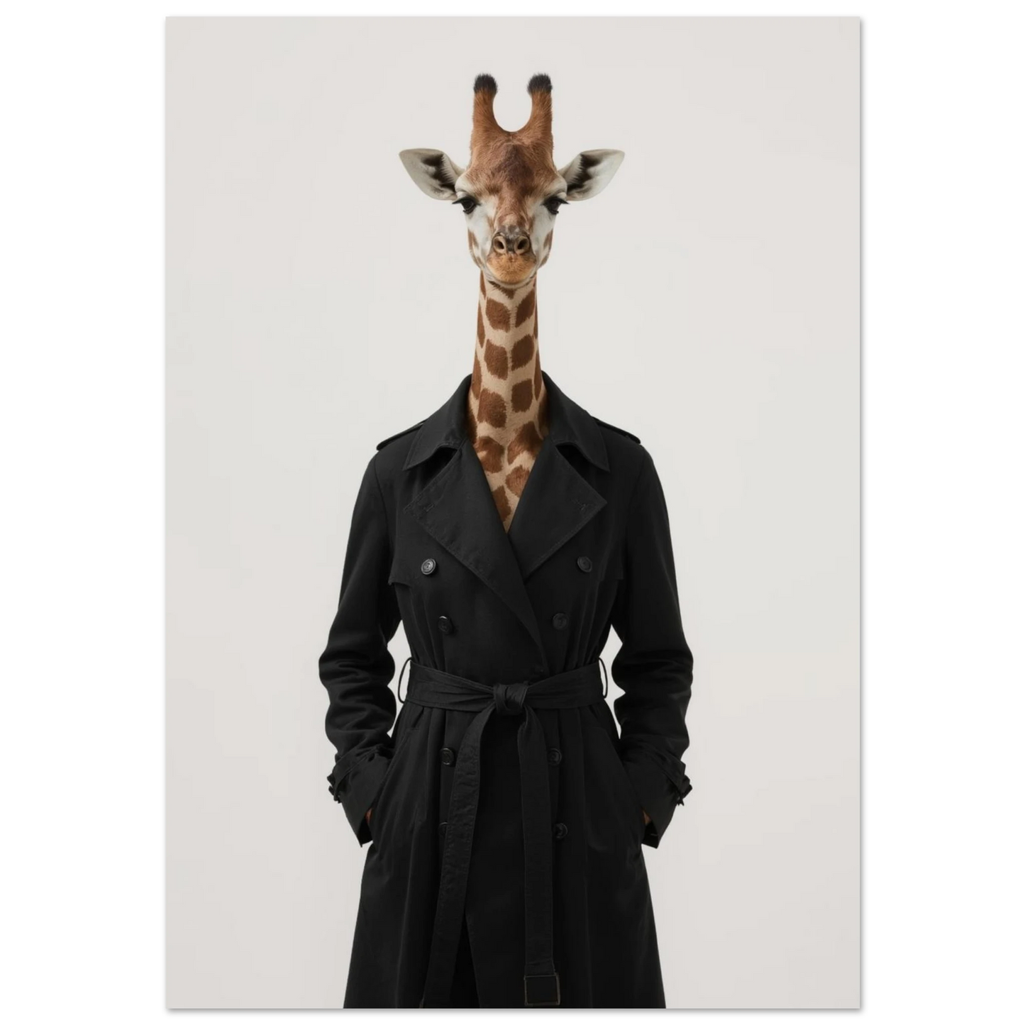 Giraff i svart trenchcoat mot ljus bakgrund – surrealistisk modefotografi