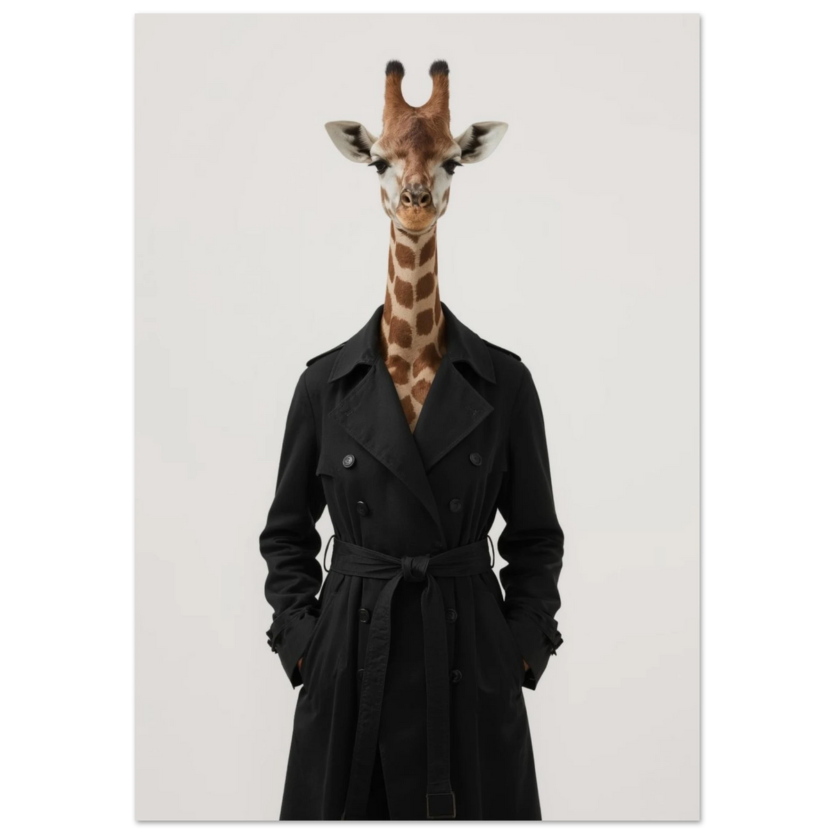 Giraff i svart trenchcoat mot ljus bakgrund – surrealistisk modefotografi