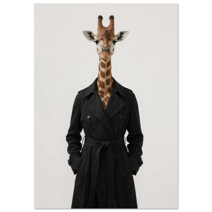 Giraff i svart trenchcoat mot ljus bakgrund – surrealistisk modefotografi
