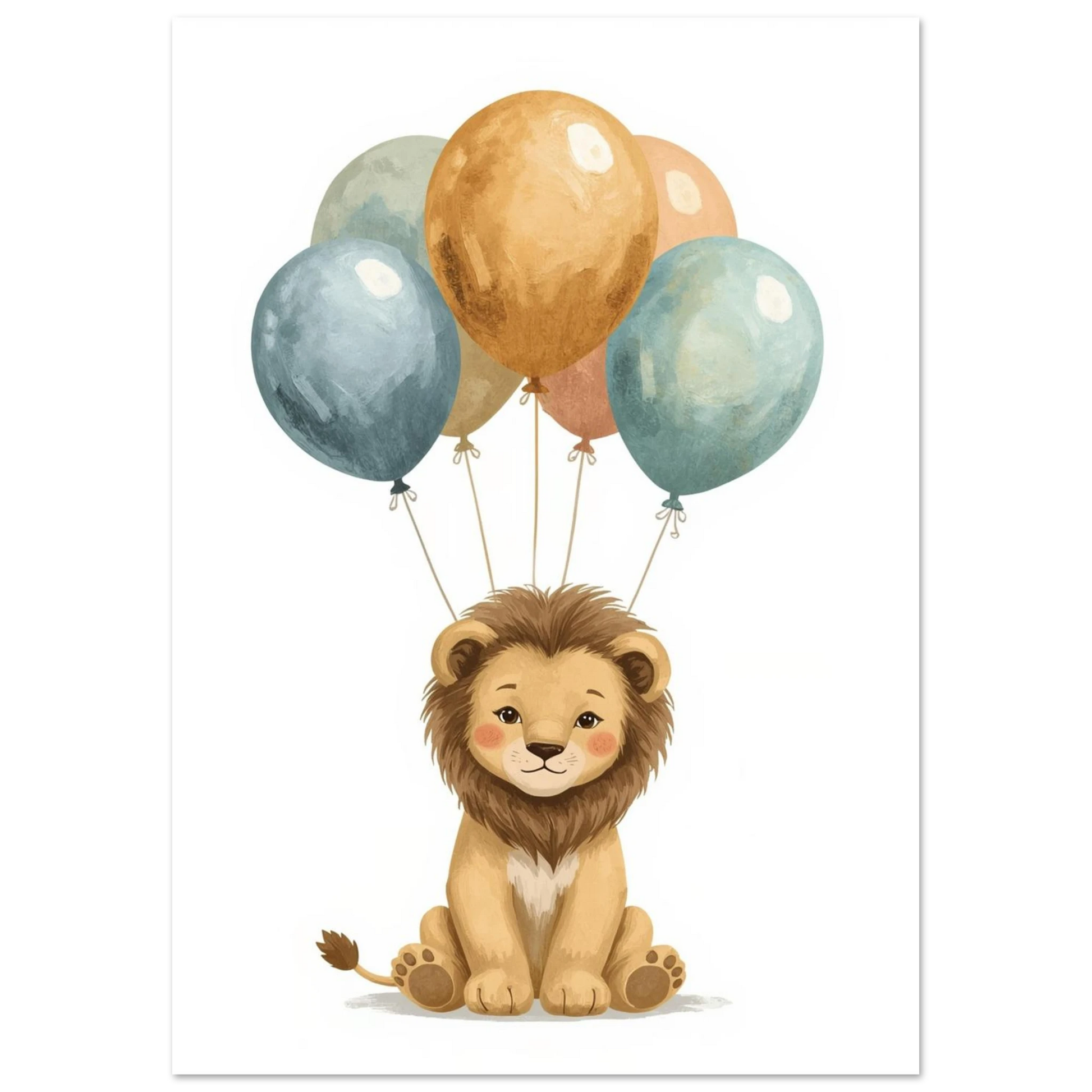 Illustration av lejonunge med pastellfärgade ballonger för barnrummet