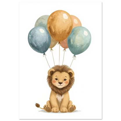 Illustration av lejonunge med pastellfärgade ballonger för barnrummet