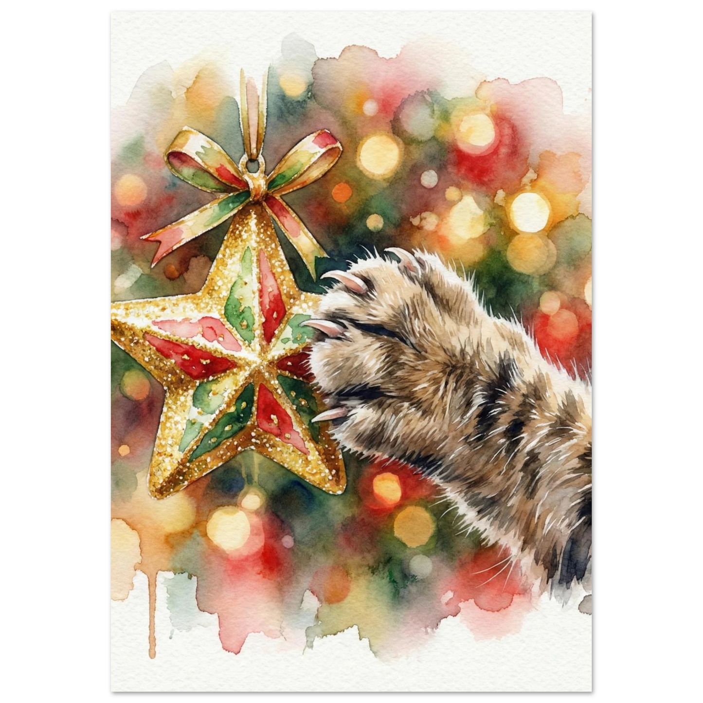 Detaljerad illustration av kattens klor mot en glittrande julstjärna, konsttryck