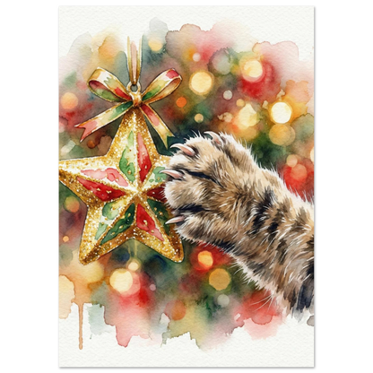 Detaljerad illustration av kattens klor mot en glittrande julstjärna, konsttryck