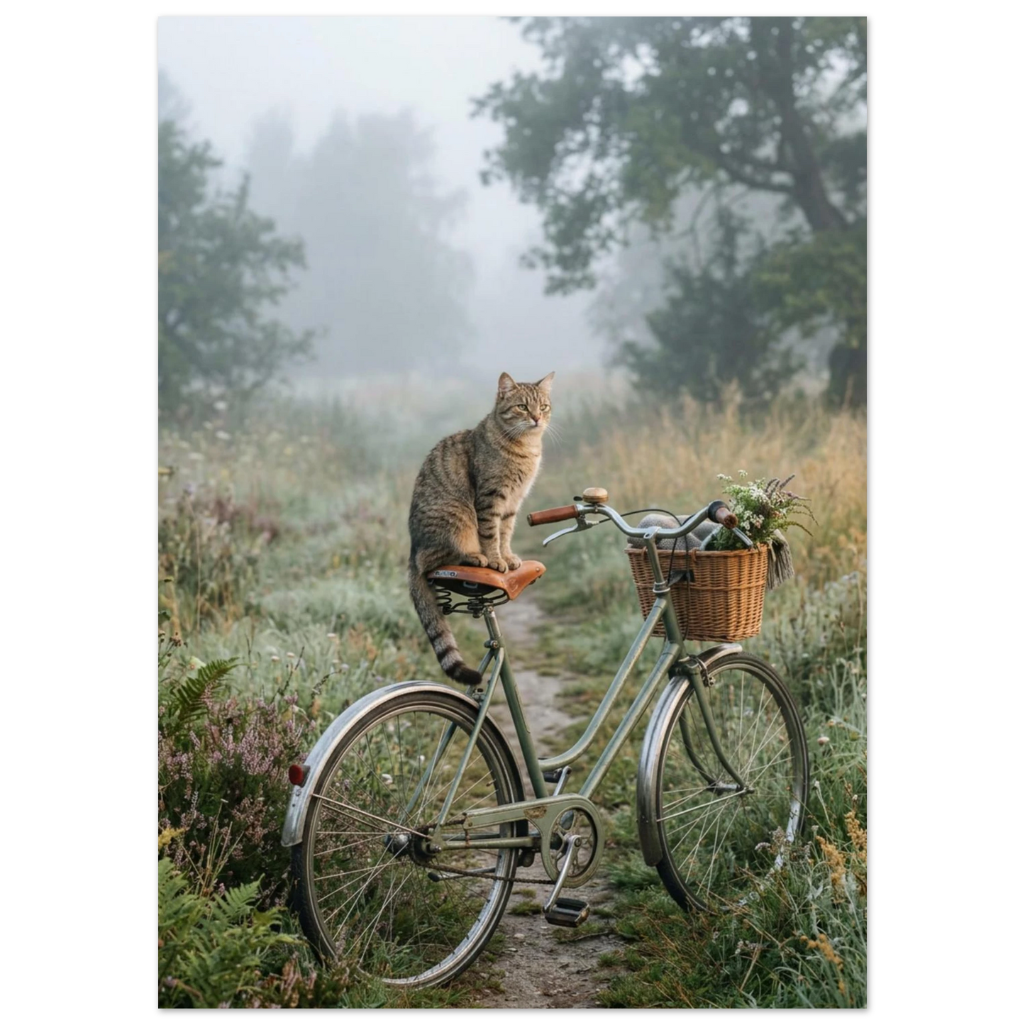 Grårandig katt sittandes på cykelsadel i tät morgondimma – djurmotiv