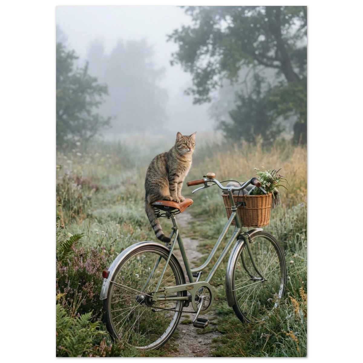 Grårandig katt sittandes på cykelsadel i tät morgondimma – djurmotiv