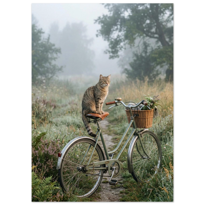 Grårandig katt sittandes på cykelsadel i tät morgondimma – djurmotiv
