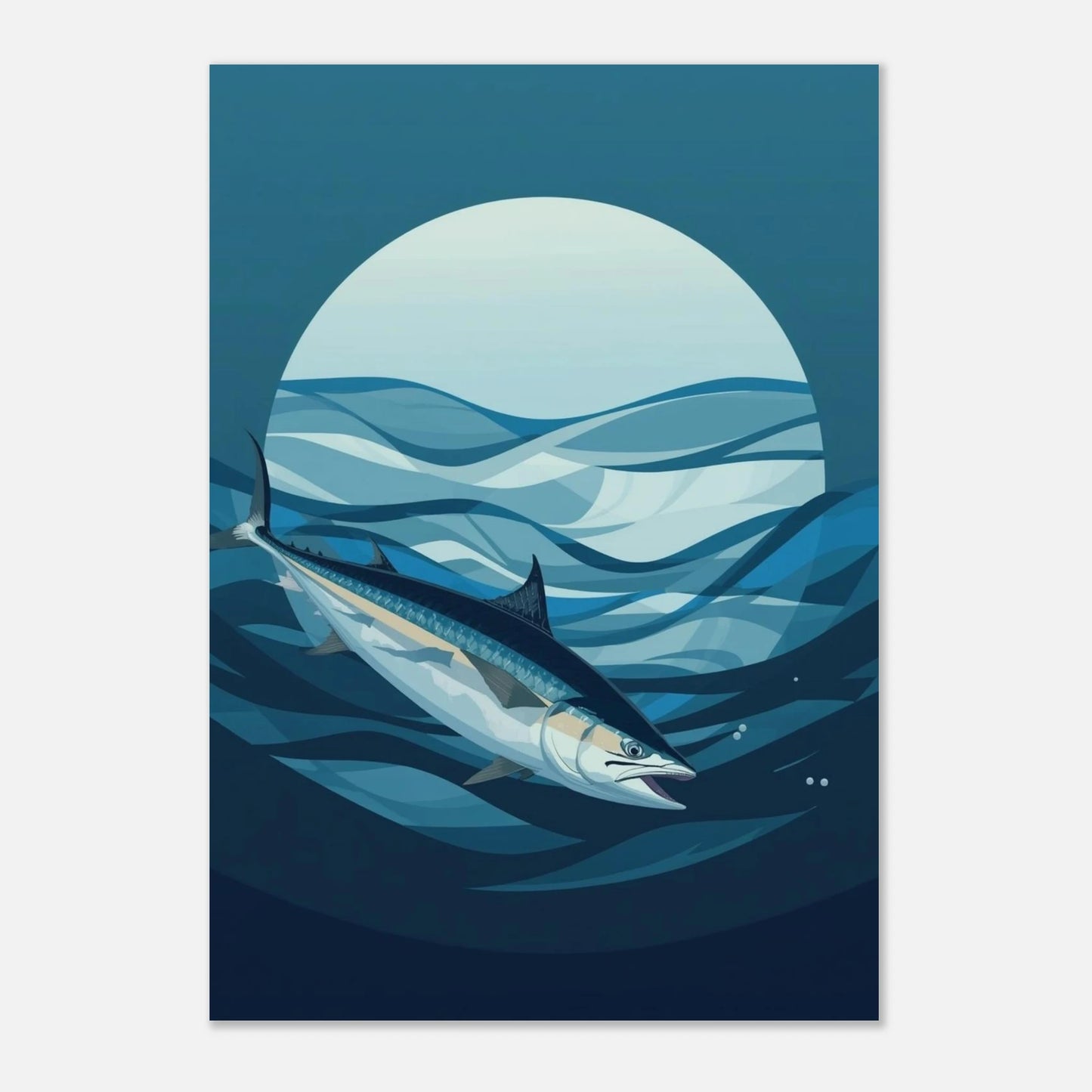 Minimalistiskt print av en tonfisk i silver och blått mot ljus cirkel