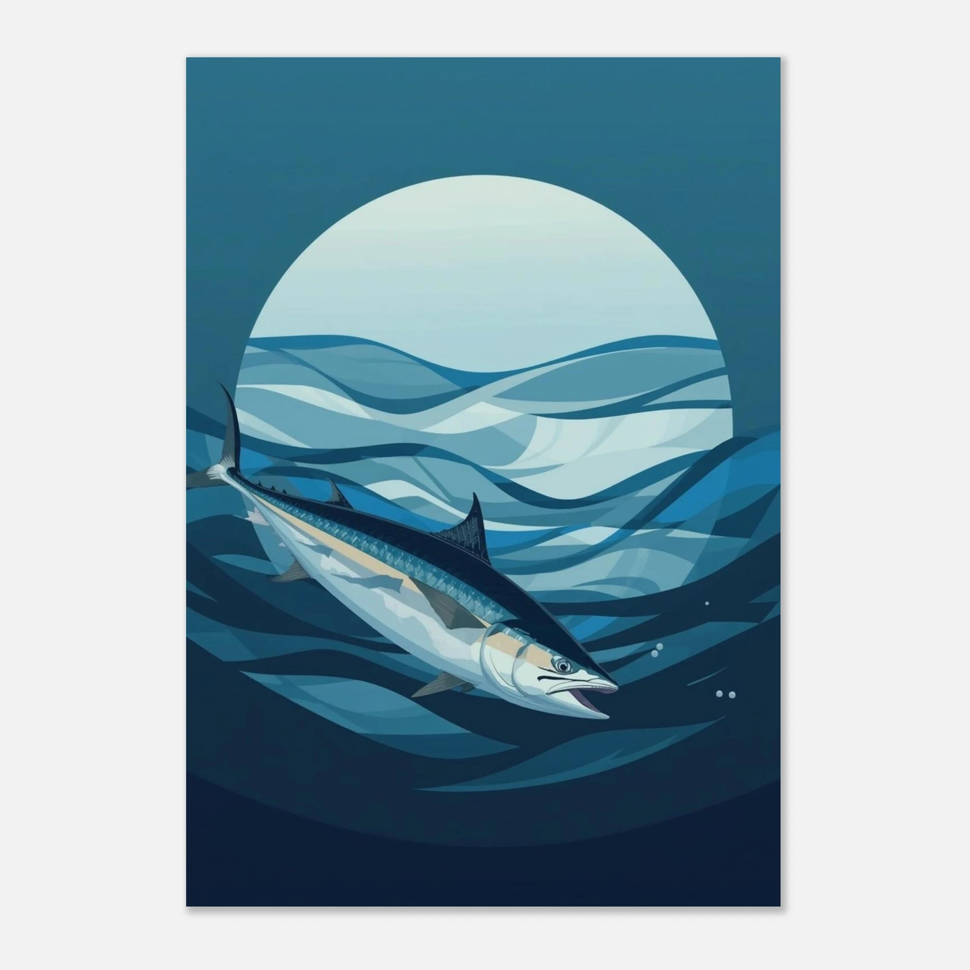 Minimalistiskt print av en tonfisk i silver och blått mot ljus cirkel