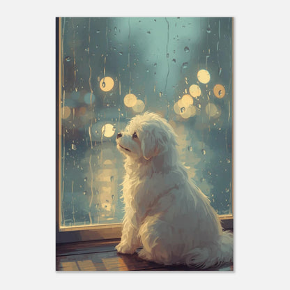 Illustration av vit hundvalp i mjukt ljus vid ett fönster