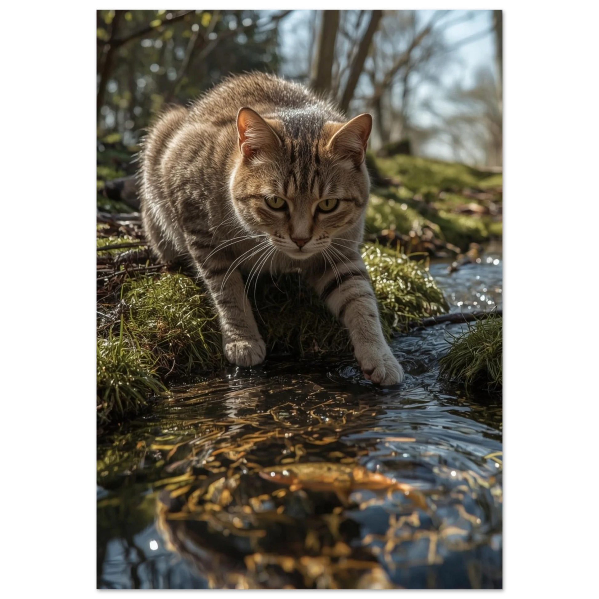 Katt som sträcker ut tassen mot en fisk i en skogstjärn – Fotorealistisk poster