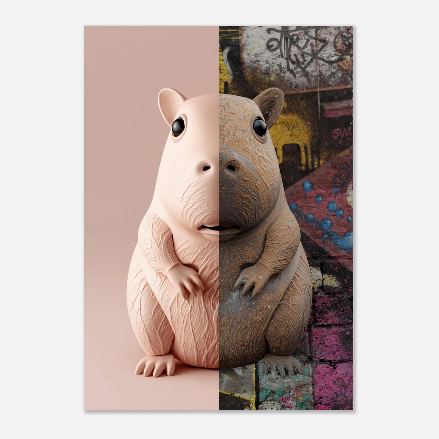 Kreativt djurmotiv av en kapybara i kontrastrik miljö mellan studio och stad – snygg poster
