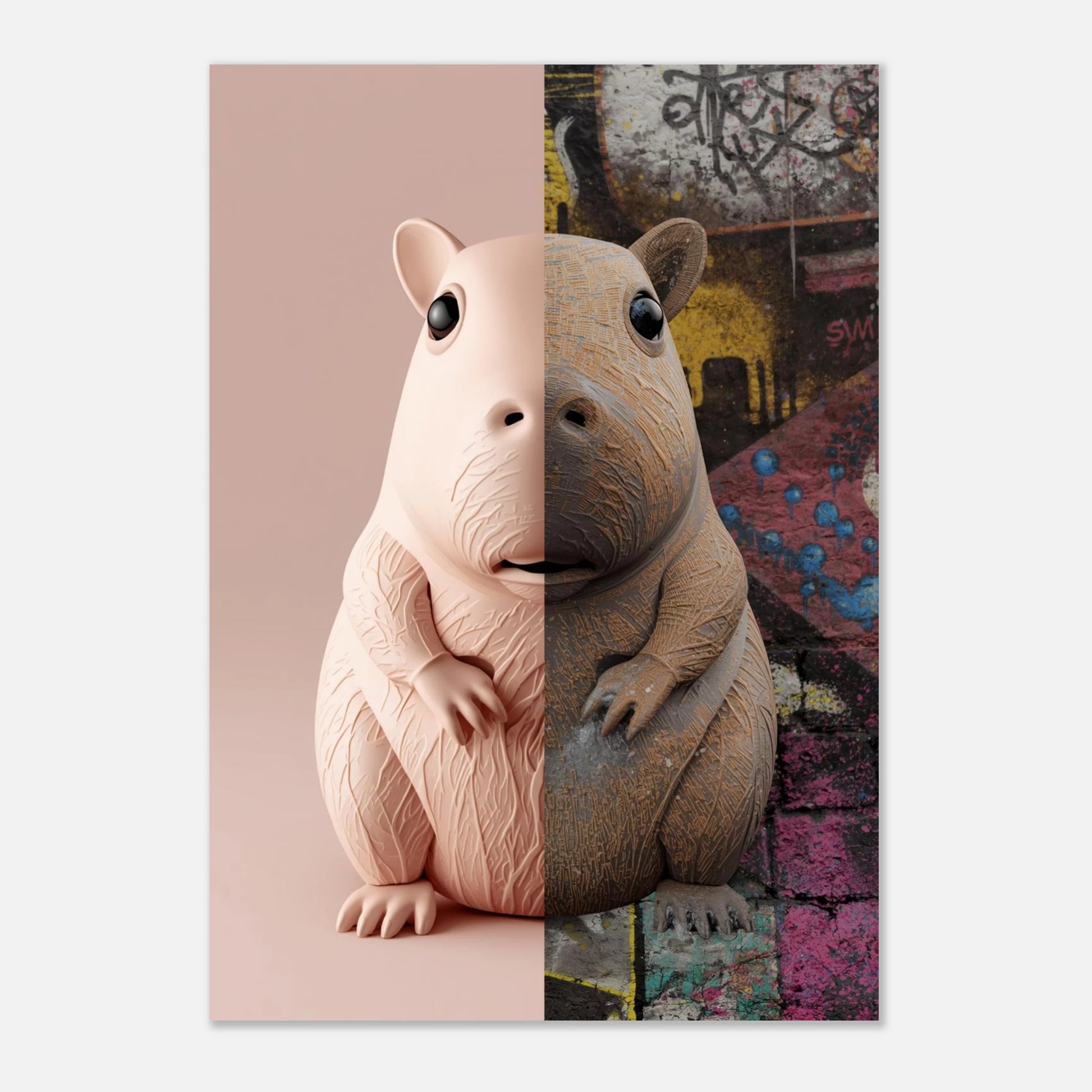 Kreativt djurmotiv av en kapybara i kontrastrik miljö mellan studio och stad – snygg poster
