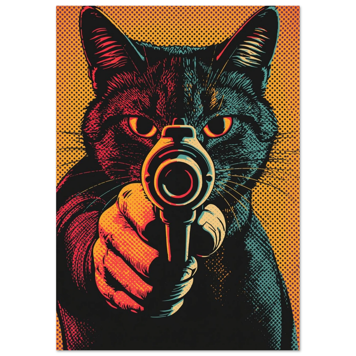 Kaxig djurposter föreställande en katt med vapen i retrostil