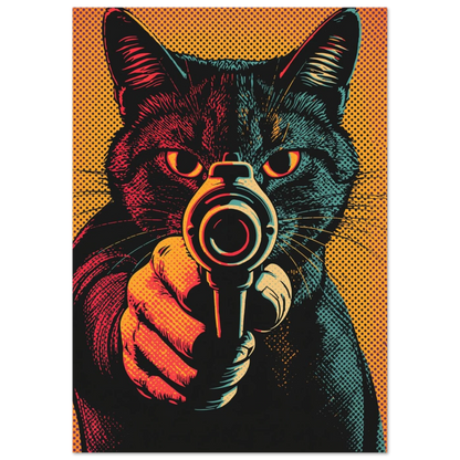 Kaxig djurposter föreställande en katt med vapen i retrostil