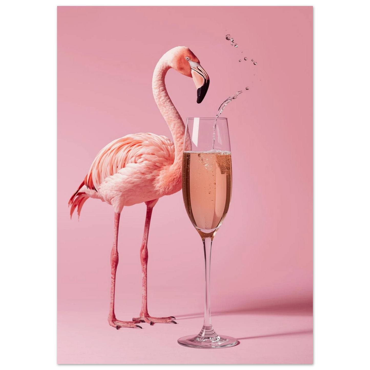Stilren flamingo intill ett glas mousserande vin, rosa djurposter i studio