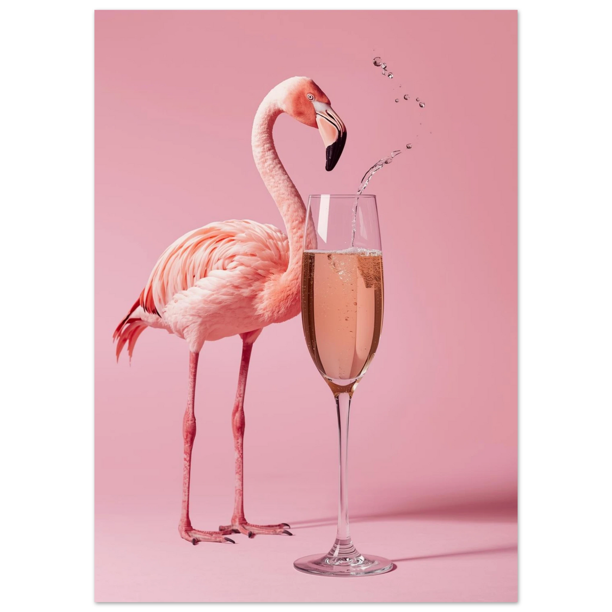 Stilren flamingo intill ett glas mousserande vin, rosa djurposter i studio