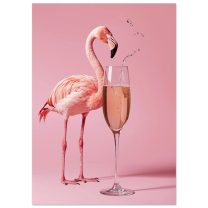 Stilren flamingo intill ett glas mousserande vin, rosa djurposter i studio