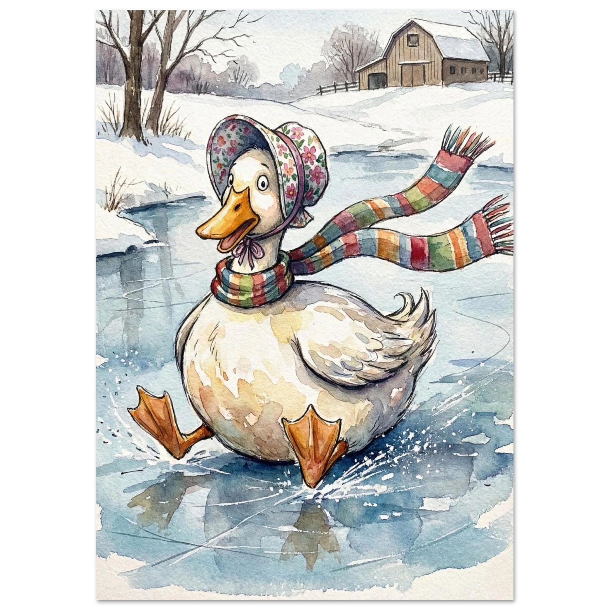 Lekfull djurposter med anka som glider på en frusen sjö