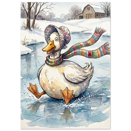 Lekfull djurposter med anka som glider på en frusen sjö