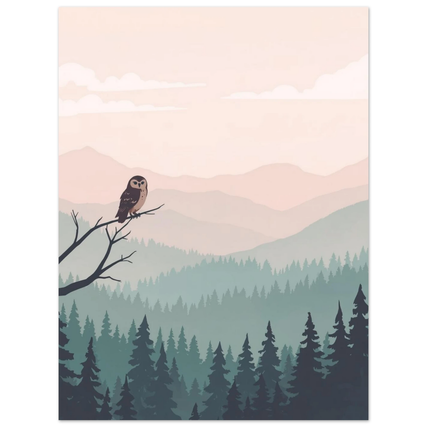 Sittande uggla i ett harmoniskt bergslandskap, grafiskt print i nordisk stil