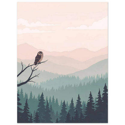 Sittande uggla i ett harmoniskt bergslandskap, grafiskt print i nordisk stil
