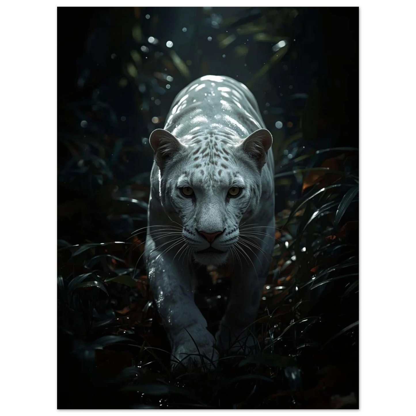 Majestätisk vit panter som framträder ur mörkret, fotorealistisk digital konst