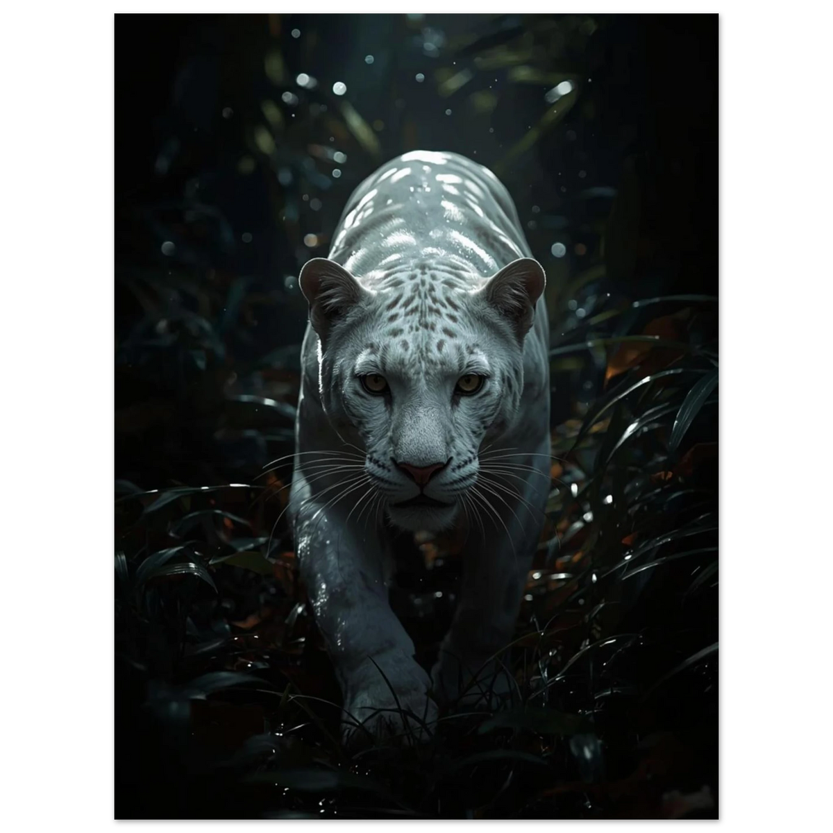 Majestätisk vit panter som framträder ur mörkret, fotorealistisk digital konst